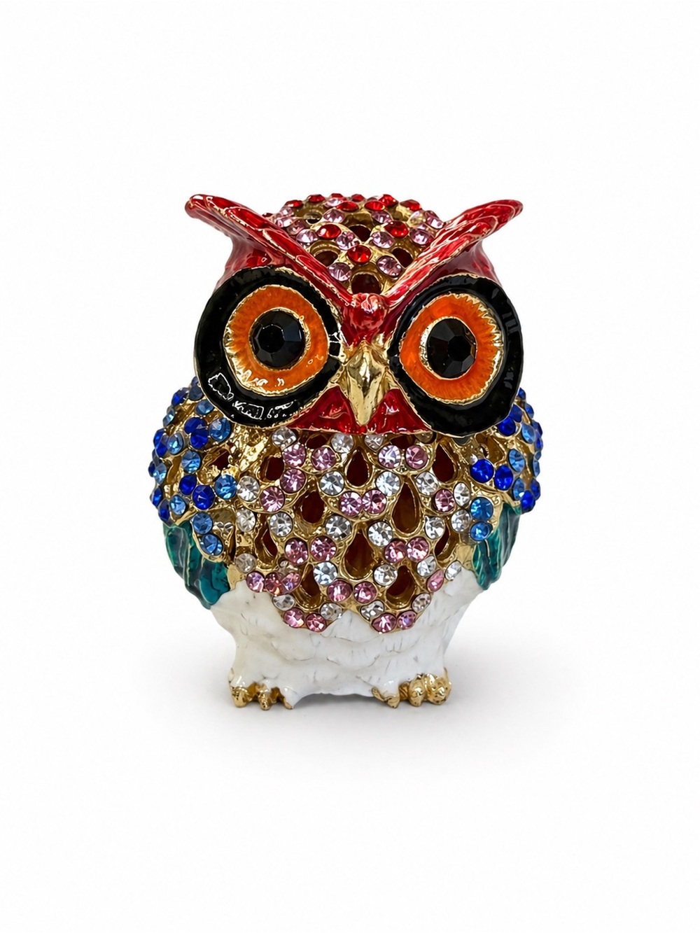Cloisonné Owl Trinket Box Hinged Jewelry Ring Holder Rhinestone Necklace Red